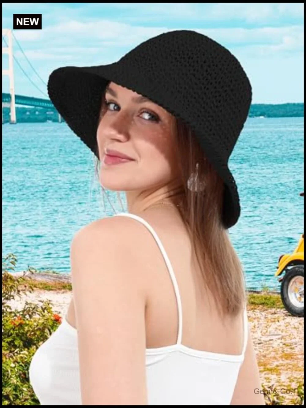 Handmade Crochet Straw Bucket Sun Hat Foldable Travel Cap Summer